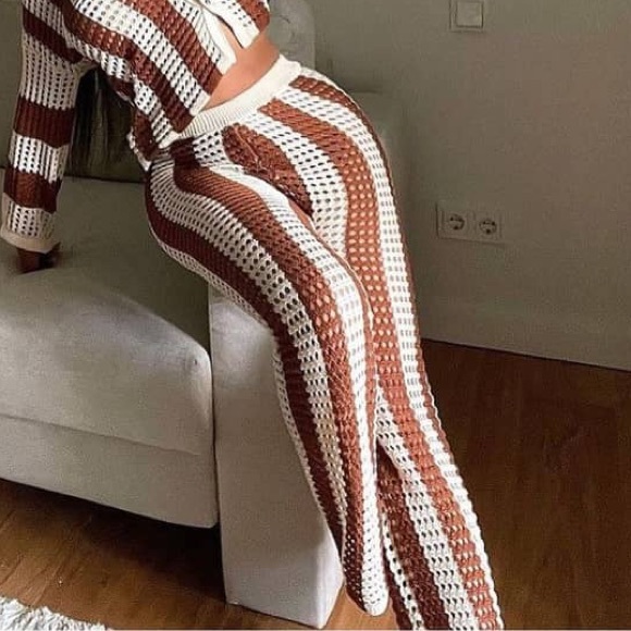 American Vintage Pants - Super cute striped knitted pants brown and white crocheted jeans going out vibes